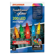 Sylvania 200 LED multicolor mini glow lights box with incandescent glow bulb icons.