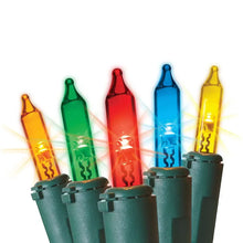 Multicolor mini LED lights with green bases, glowing red, blue, yellow, and green bulbs.