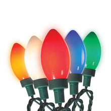 Multicolor C9 LED Christmas lights: green bases on connected bulb string