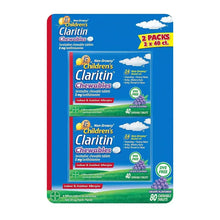 Children’s Claritin chewable tablets box front, grape flavored, blue packaging