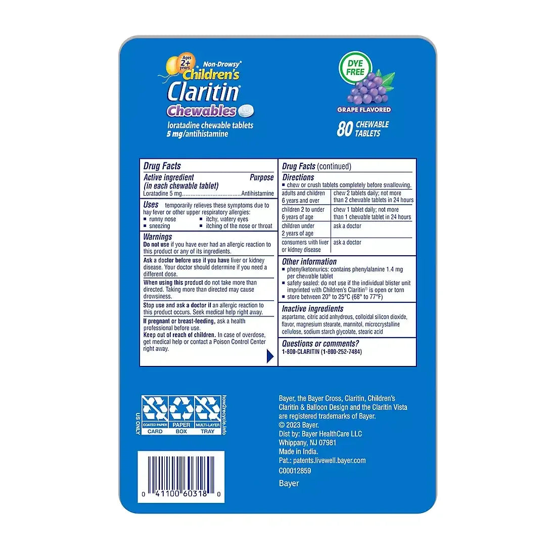 Claritin Children's 24 Hour Chewables, Grape Flavor, 5mg Tablets, 80 ct. - USA MEGA SHOP