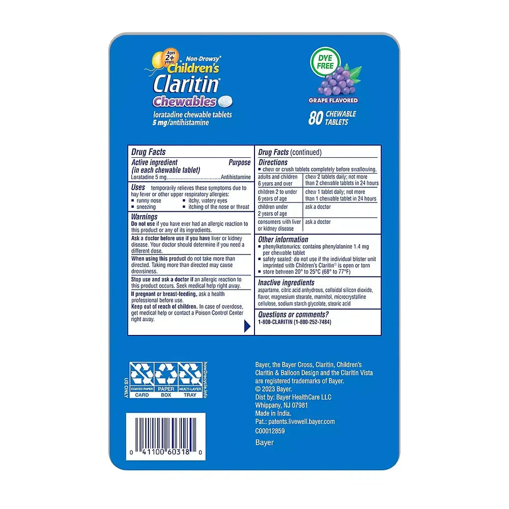 Claritin Children's 24 Hour Chewables, Grape Flavor, 5mg Tablets, 80 ct. - USA MEGA SHOP