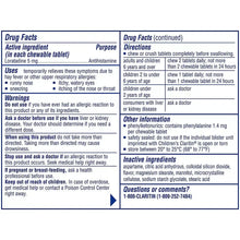Claritin drug facts panel on chewable tablets, active ingredient and directions
