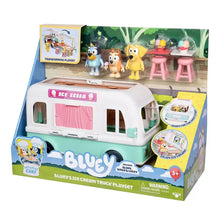 Ice cream truck playset box view, white and mint ice cream truck with figure characters
