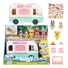 Ice cream truck playset with open side, pink curtains, ice cream accessories, figures