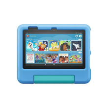 Blue kids tablet with protective case, showing app grid on screen