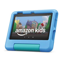 Blue kids tablet with screen displaying Amazon Kids logo