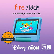 Blue kids tablet with on-screen fire 7 kids text and warranty badge