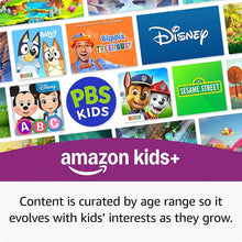 Blue kids tablet showing Amazon Kids+ app collage on display