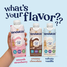 Kids whole milk shake cartons, smooth strawberry, creamy chocolate, velvety vanilla