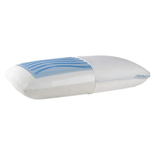 Gel memory foam pillow with white cover and blue cooling stripe