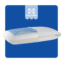 Gel memory foam pillow with white cover and blue cooling stripe, side view