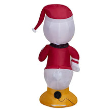 Inflatable Donald Duck Santa suit figure with red coat, white beard and yellow feet