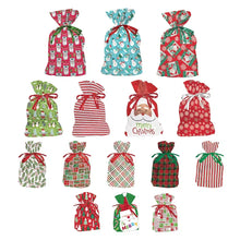 Christmas pull-string gift bags set, assorted red green patterns and bows