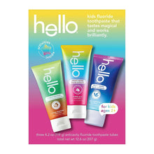 Kids fluoride toothpaste variety pack with three colorful tubes