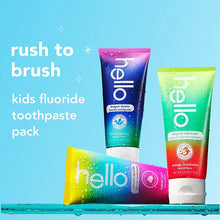 Kids fluoride toothpaste pack with three tubes in blue, pink, and green