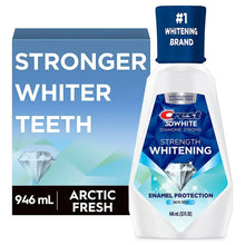 Crest 3D White strength whitening mouthwash bottle with cardboard box, 946 mL