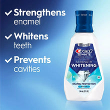 Crest 3D White strength whitening mouthwash bottle with enamel protection panel