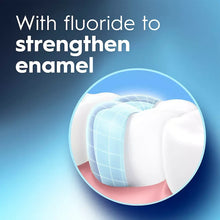Mouthwash enamel-strengthening graphic with tooth and fluoride text