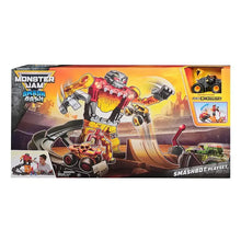 Monster Jam Smash & Bash Smashbot Playset box showing robot and vehicle launcher ramp