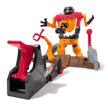 Smashbot robot playset with orange body, red head, black wheels, gray side panels, brown ramp