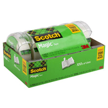 Scotch Magic Tape six-pack in a green cardboard package, shown at an angle with clear tape rolls.