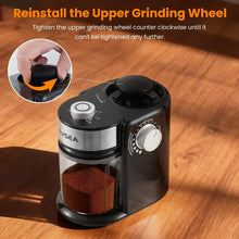 VAVSEA electric burr coffee grinder with removable upper grinding wheel area, black and silver