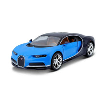 Blue sports car die-cast model with black hood, silver wheels, and front grille