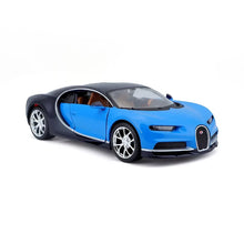 Blue sports car die-cast model shown in side view with silver wheels and black trim