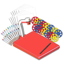 Red tracing projector kit with stencils, slide projector, and colored pencils
