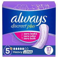 Always Discreet Plus adult incontinence pads, heavy long, 117 count box front.