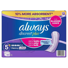 Always Discreet Plus adult incontinence pads, heavy long, 117 count box back panel.