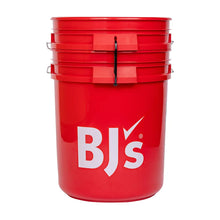 Red 5-gallon plastic bucket with hinged handle and BJ’s logo on front