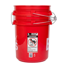 Red 5-gallon plastic bucket with side warning label and metal carry handle