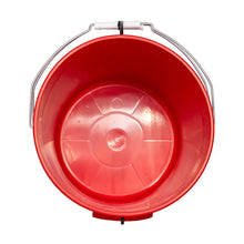 Red 5-gallon plastic bucket with top lid and metal carry handle loops
