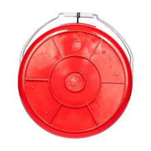 Red 5-gallon plastic bucket top with lid panels and central latch