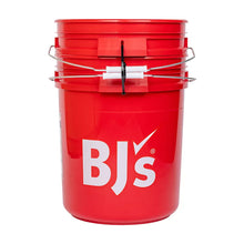 Red 5-gallon plastic bucket with BJ’s logo and metal clasp handle
