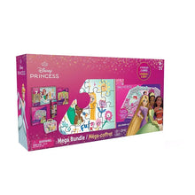 Disney Princess mega bundle box, front view with puzzle and game icons