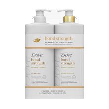 Bond strength shampoo and conditioner twin pack with pump bottles, white and gold labels.