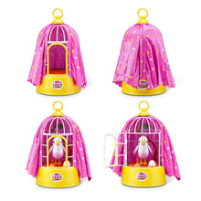 Pink star-pattern birdcage toy with clear door and white robotic bird, multiple angles