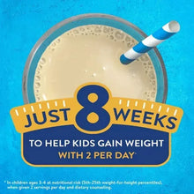 Weight gain infographic with just 8 weeks banner and drink cup graphic