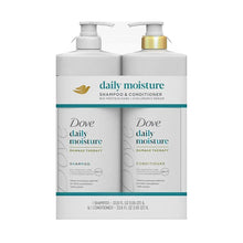 Shampoo and conditioner bottles with pumps, daily moisture label, white and gold caps