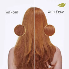 Hair comparison graphic with reddish-brown hair, split view with and without Dove