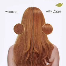 Hair comparison split view: brown hair without Dove and with Dove, curved circle markers