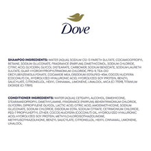 Shampoo and conditioner ingredient labels with Dove logo and lists