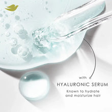 Hyaluronic serum care text with water droplets graphic