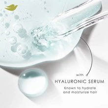 Hyaluronic serum hair care claim with water bubbles and serum text