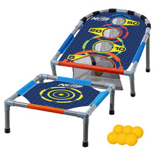Kids target toss bounce game with blue mesh pad and scoring hoops