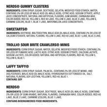 Ingredients label on purple Halloween candy variety bag for Nerds, Sweetarts, Trolli, and Laffy Taffy