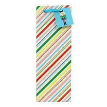 Striped holiday gift bag with blue handle and elf graphic tag in the corner